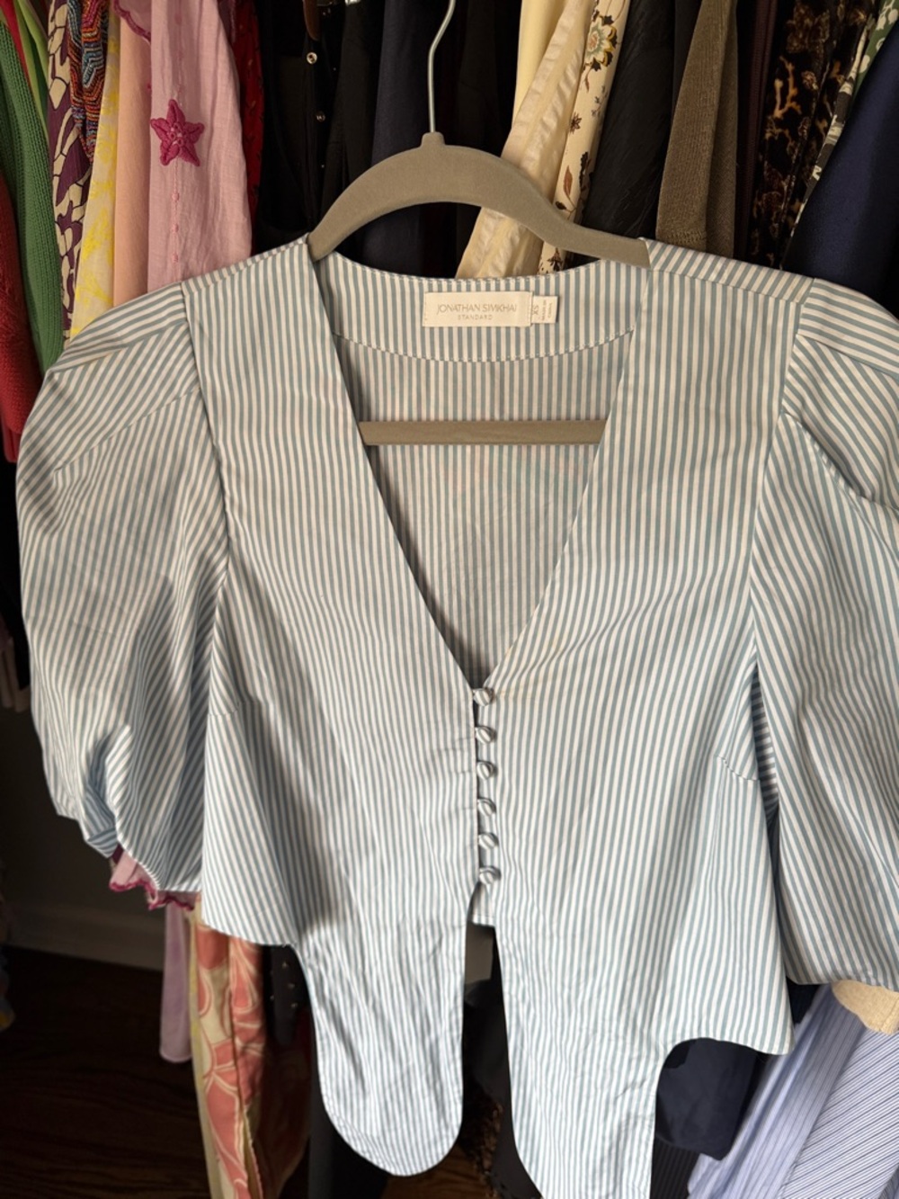 Jonathan Simkhai Blue and White Striped V-Neck Button Blouse xs